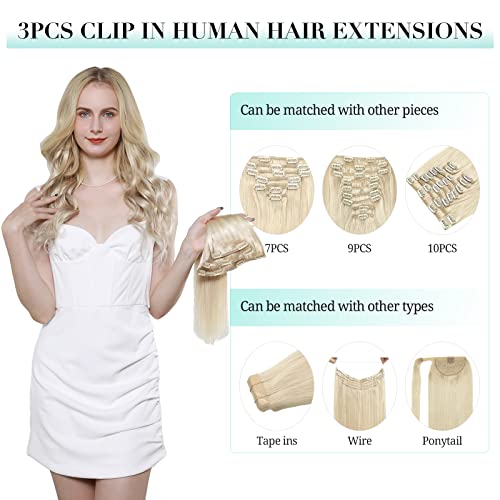 Image of DOORES Hair Extensions Clip in Human Hair, 3pcs 60g 14 Inch Balayage Ash Blonde to Golden Blonde and Platinum Blonde Remy Clip in Human Hair Extensions Natural Straight Hair Extensions