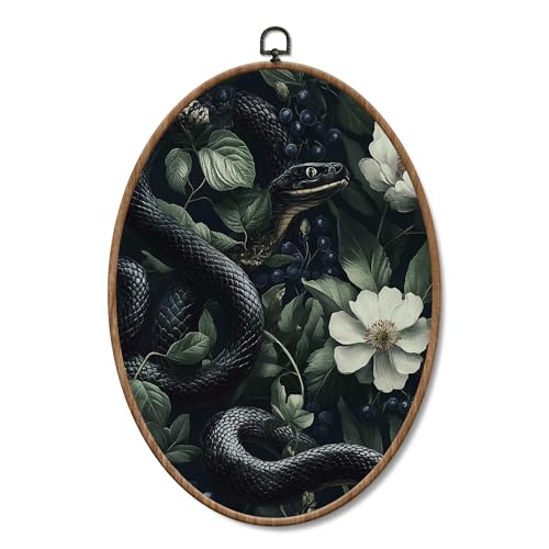 Yorhifa Vintage Gothic Serpents Framed Wall Art, Dark Green Botanical Snake Oval Wall Art, Witchy Room Oval Walls Decor, Cottagecore Floral Canvas Artwork Hanging Decor, 8.5x11.5 Inch