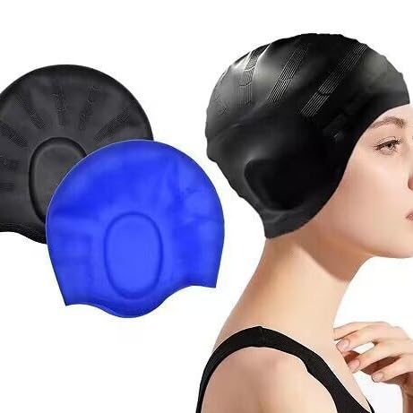 Gorro de Natación con Protección de Oídos 3D, 2 Piezas Gorro de Natación Impermeable, Gorro de Natación Impermeable, Gorro de Piscina, para Mujeres, Hombres y Niños, Negro, Gris