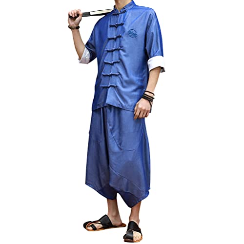 Men's Kung Fu Short Sleeve Shirt Tai Chi Uniform Chinese Martial Arts Clothes Wing Chun Tops Bottoms 2 Piece Outfit (Xl, 51-Peacock Blue) #TOP29