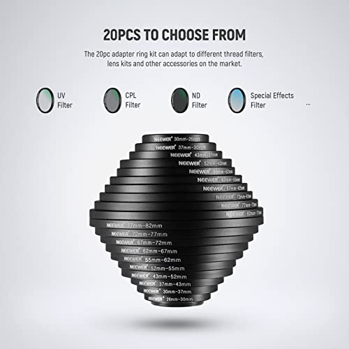 Image of Neewer 20 Anodized Black Metal Lens Filter Adapter Rings - 10 Step Up + 10 Step Down Set
