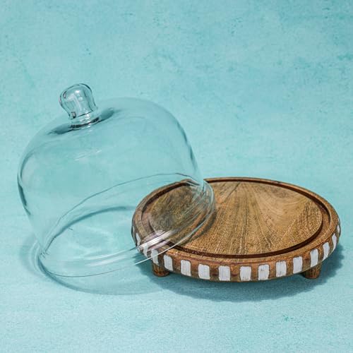 Image of Sugar Sphere Acacia Wood Cake Stand with Glass Dome | Cake Plate with Dome Lid | Multipurpose Serving Stand for Wedding Birthday Parties | Dessert Display