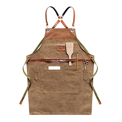 JzcsdkSIL Chef Apron Waterdrop Resistant Aprons With For Cross Back Adjustable Strap And Large Pockets, Red Brown