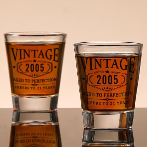 21st Birthday Gifts for Him Her - Limited Edition Shot Glass with Wooden Box - Vintage 2005 Cheers To 21 Years, Finally 21 Party Decorations Supplies - Turning 21 Bday Present for Men Brother Friends