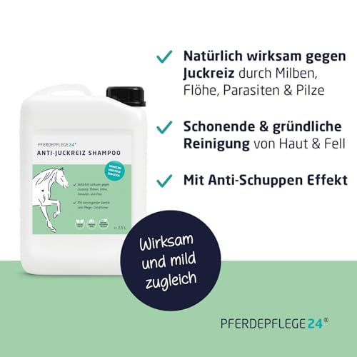 PFERDEPFLEGE24 Pferde Shampoo Anti Juckreiz 2,5l - Juckreiz lindern & Haut regenerien - Natürliches Pferdeshampoo gegen Juckreiz, Milben, Pilz-, Floh & Parasiten