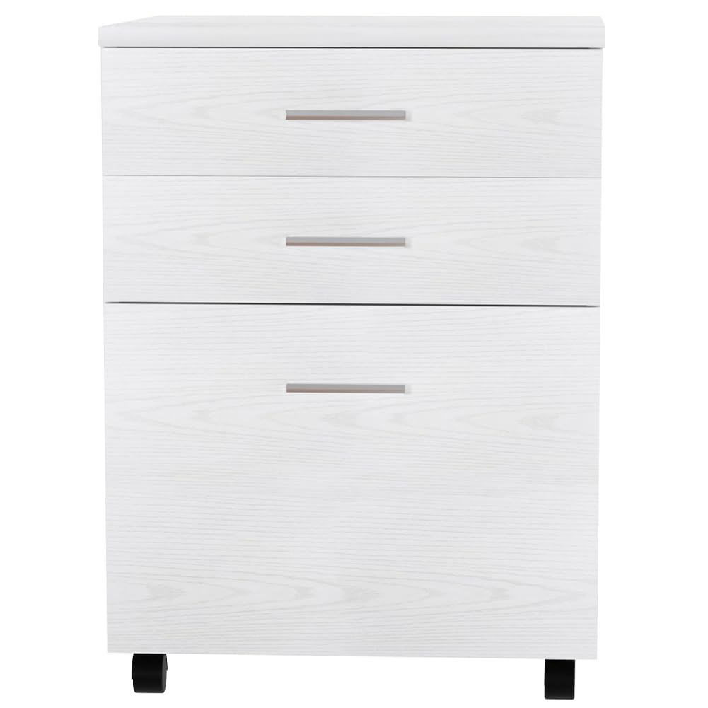 BAKAJI Cassettiera Mobile Scrivania Mobiletto Porta Stampante in Legno MDF con 3 Cassetti e 4 Ruote Girevoli Design Moderno Arredamento Casa Ufficio Dimensione 46,5 x 45 x 64 cm (Bianco Frassinato)