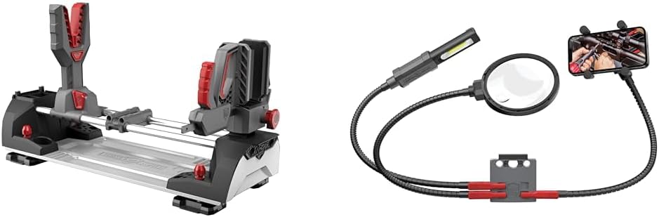 Real Avid Master Workstation | One-Hand, Quick Adjustable Clamping & Smart-Assist Accessory System | Includes 180 Lumen Work Light, 5-Inch Magnifying Glass and Cell Phone Holder