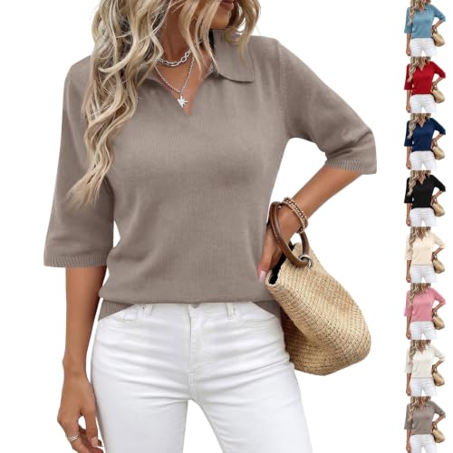 HswsEJ Sweater Polo Women 3/4 Sleeve Pullover Collared Ladies Golf Shirts - image 1