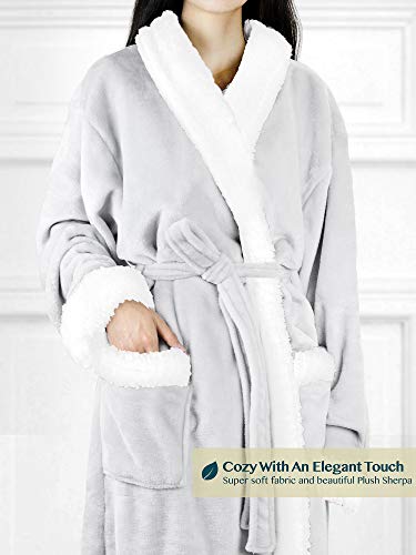 Image of PAVILIA Women's Plush Fleece Robe, Soft Cozy Long Bathrobe with Satin Waffle Trim, Warm Lightweight, Pockets & Tie Belt