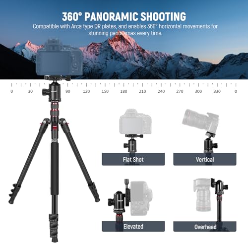 Image of NEEWER 77 inch Camera Tripod Monopod with Phone Holder, Portable Travel Tripod with Remote, 360 Ball Head, 2 Axis Center Column, Arca QR Plate and Bag, Aluminum DSLR Tripod 34lb Max Load, TP77