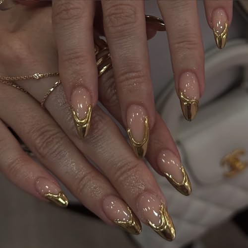 Medium Press on Nails Almond - Gold Fake Nails with 3D Design - French Tip False Nails Press ons - for Women 24 Pcs