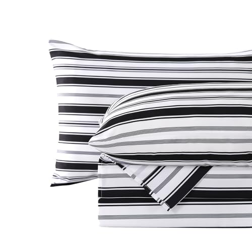 Image of MCO 4Pieces Striped Sheets Set, Breathable King Sheet Set with 16 inch Deep Pocket,Modern & Luxury, Brushed Microfiber Bedding Set(King, Black)
