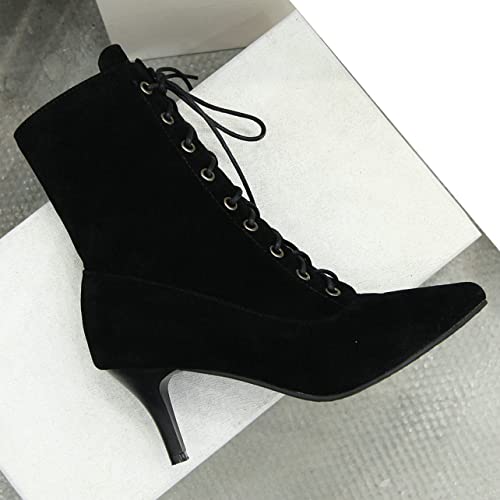 UniqueStride Womens Lace up Stiletto High Heel Ankle Boots Pointed Toe Faux Suede Retro Ankle Booties3