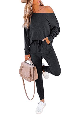 Meenew Women's 2 Piece Outfits Long Sleeve Pullover Tops and Long Pants Set L Dark Gray