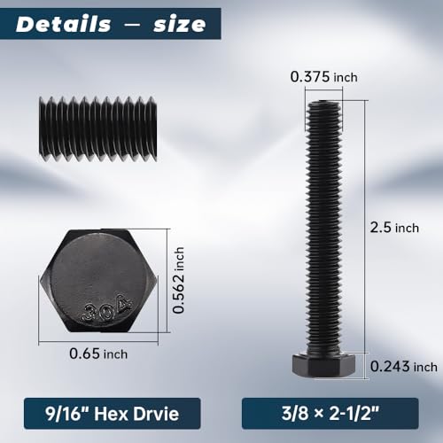 Image of Glvaner 3 /8-16 x 2-1 /2 inch Stainless Steel Hex Head Screws Bolts, Black Coated, 304 Stainless Steel 18-8, Hexagon Head Bolts, Full Thread, 8 pcs