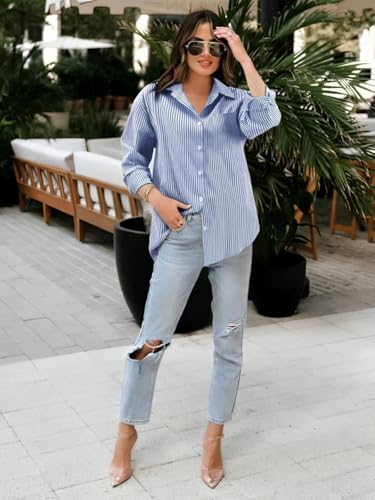 Image of Women Striped Shirt,Oversized Cotton Shirt for Women,Long Sleeve Shirt 12.