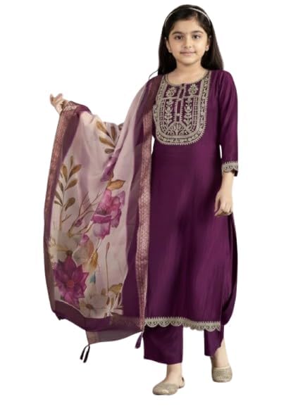 Image of Girls Ethnic Embroidered Silk Kurta Pant and Jacquard Dupatta Set | Kids Salwar Suit | three piece Traditional Outfit