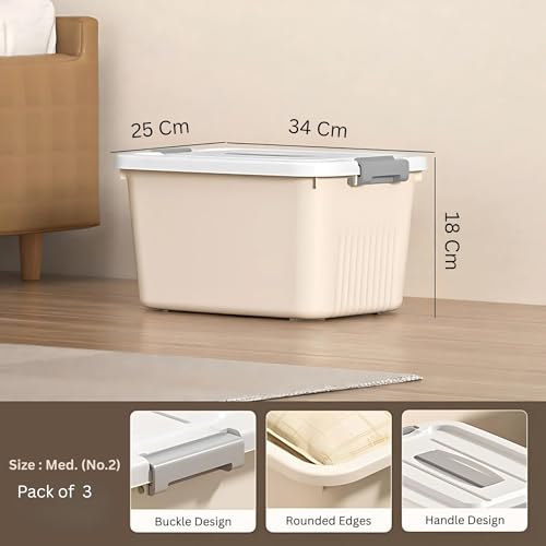 Image of HoopVool Smiley Face Plastic Storage Bin with Locking Lid - Sturdy and Versatile Home Organizer, Available in Multiple Color And Size. (CREAM, PACK OF - 3, MEDIUM - 13 X 8.6 X 5.1 INCH)