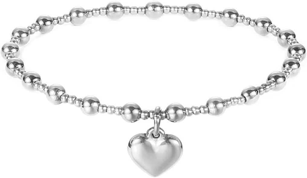 Jude Jewelers Stainless Steel Beaded Chain Heart Charm Wedding Statement Party Bracelet