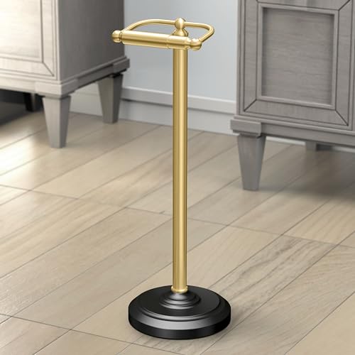 Image of Gatco 1436MXB, Freestanding Toilet Paper Holder, 22 inch H, Matte Black Polished Brass /Floor Standing Weighted Base Toilet Paper Holder Stand