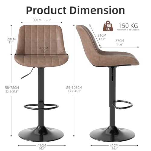Image of Youhauchair Adjustable Faux Leather Bar Stools Set of 3, Brown1 | Swivel, Counter Height, Back & Footrest, Armless, PU, Modern, Kitchen Island Stool, Upholstered Dining Room Chair