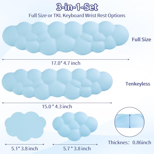 Image of Sushret Cloud Wrist Rest Keyboard, Cloud Keyboard Wrist Pad Set with PU Leather Memory Foam, Cute Arm Rest for Palm Support, PC /Gaming Desk Accessories /Office Setup /Computer Hand Cushion - Blue