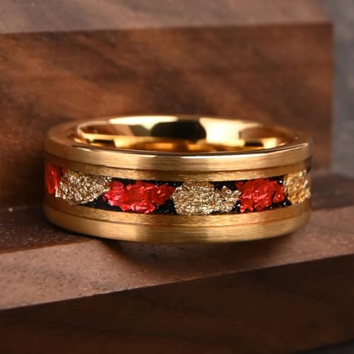 Gold Tungsten Carbide Rings for Men and Women 8mm Frosted Inlay Gold Foil and Red Foil Men's Engagement Wedding Bands Luxury3