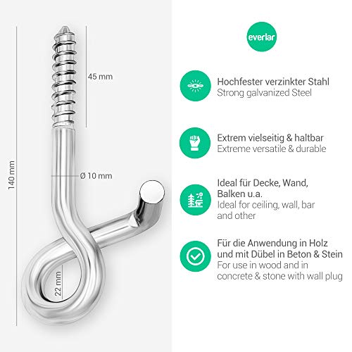 everlar® Sicherheits Schraubhaken M10 I 2 Stk. I Hochfeste Deckenhaken mit Gewinde I Sicherheitshaken für die Verwendung in Holz & mit Dübel in Stein & Beton