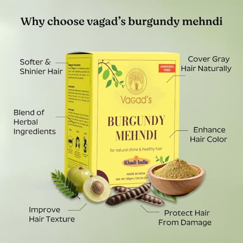Image of VAGAD'S Herbal Burgundy Mehndi for Hair, 100g | Henna with Amla, Shikakai, Aritha & Hibiscus | Vibrant Burgundy Tone with Grey Blending & Added Shine | Suitable for All Hair Types & Routine Use