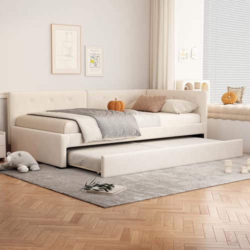 Sofá Cama 90x200cm con Cama supletoria sofá Cama con somier Cama Individual para salón habitación de Invitados sofá Cama tapizada para Adultos Cama Juvenil sin colchón Cama de Invitados Beige