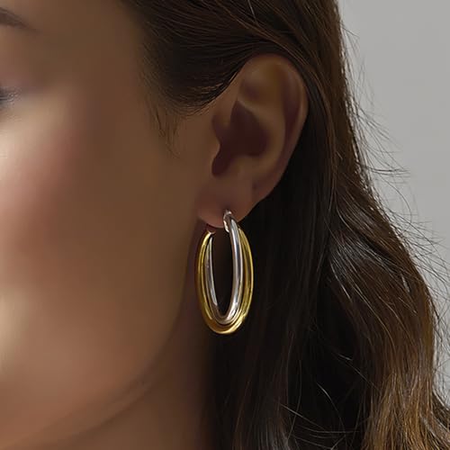 Image of TRUESILVER ACPL 925 Sterling Silver Hoop Earrings for Women | BIS Hallmarked Two-Tone & Three-Tone Intertwined Hoop Earrings | Oval & Round Lightweight Jewelry