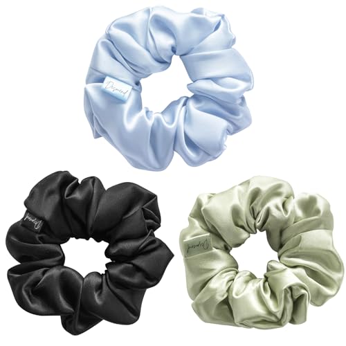 Desmend Grandi Scrunchies in Seta 100% Pura Seta Elastici per Capelli per Donne e Ragazze Nessun Danno, Morbidi e Delicati Perfetti per Code di Cavallo 3 Pezzi: Nero/Verde/Blu