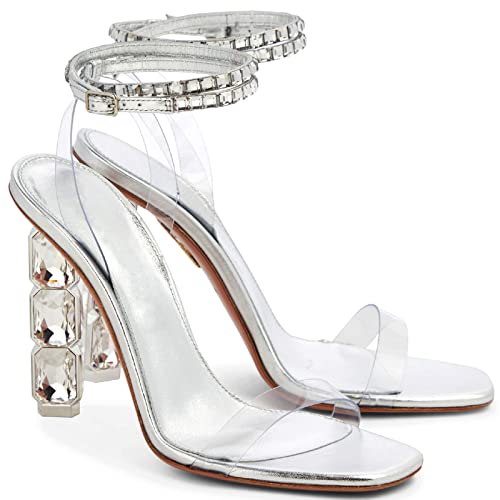 LauraVicci Women Heeled Sandals Ankle Straps Rhinestone Crystal Chunky Block Open Toe Slip on Wedding Slip on Wedding Party Evening Dress Shoes3