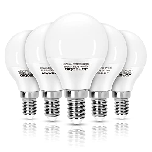 Aigostar Bombillas LED E14, 4.9W Equivalente a 37W, Luz Fría 6500K, 420 Lúmen, Bombillas Casquillo Fino, Ahorro de Energía, No Regulable,CRI＞80, Pack De 5