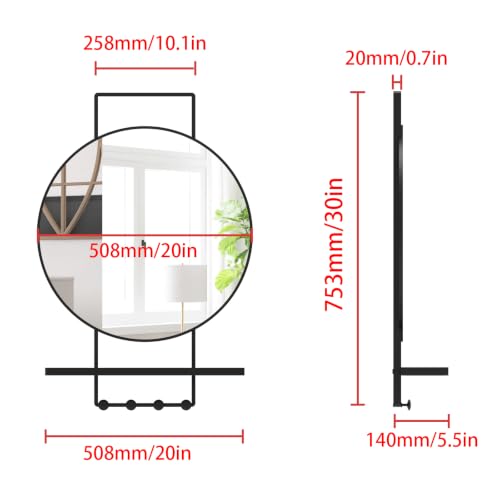 Image of BEAUTME Wall Mirror with Shelf and Hooks, 30x20 Inch Metal Framed Round Bathroom Mirrors with Shelf, Modern Farmhouse Wall Decor for Living Room Bedroom Entryway, Vertical (Black)