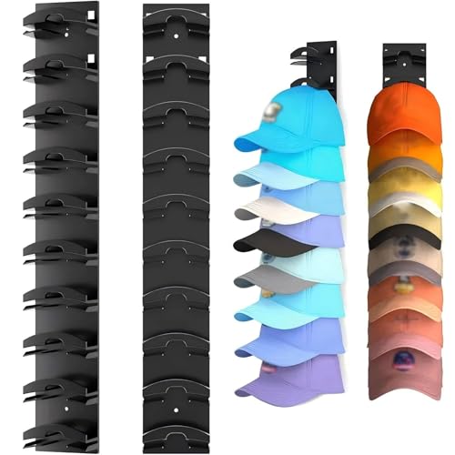 YVYAVGE 2 PCS Wall Mounted Hat Organizer - Strong Adhesive Multilayer Baseball Cap Rack Holds 20 Hats, Space-Saving Storage for Closet Door & Bedroom (Black)