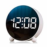 Digital Alarm Clock, Round LED Display Alarm Clock, Small Digital Clock with Double Bell, 3 Adjustable Brightness Levels, Silent Desk Clock, Loud Bell Bedside Alarm Clocks for Bedroom Office (white)
