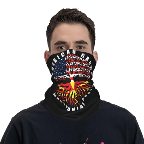 American Grown with Macedonian Roots Macedonia Flag Neck Gaiter Balaclava Face Mask for Men Women Patriotic Design Seamless Bandana Cover Scarf Headwear Headband Head Wrap White2