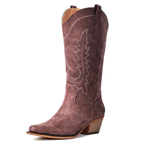 Image of Women's Pointed Toe Mid Calf Cowboy Boots - Cowgirl Boots with Chunky Heel