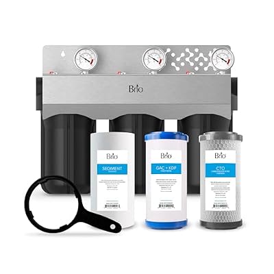 Brio Whole House Water Filter System for Heavy Metal Reduction w/Gauges | 3 Stage Fast-Flow Filtration (Sediment, GAC + KDF, CTO Carbon Block) 4.5" x 10" Filters | Protects Home Appliances | 720 GPH
