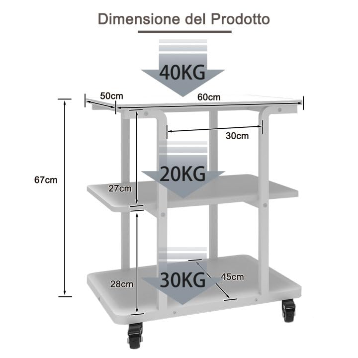 Supporto Per Stampante Con Ruote PUNCIA - 60x50x75 Cm, Legno E Metallo, Scaffale Regolabile, Portatile Per Ufficio Casa