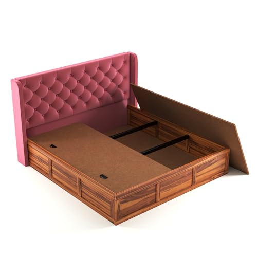 Image of Solid Sheesham Wood Queen Size Bed with Storage | Wooden Double Bed Cot Bed with Box Storage & Velvet Upholstered Cushioned Headboard for Bedroom (Honey A, Queen)