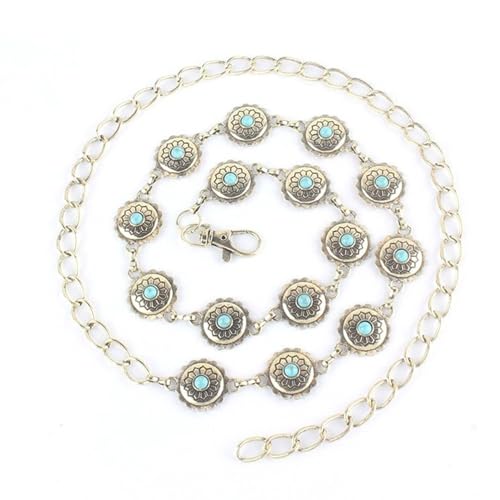 Women Alloy Waist Belt Ethnic Adjustable Waist Belt Women Dress Shirt Waist Belt With Carved Turquoise Buckle Waist Rop