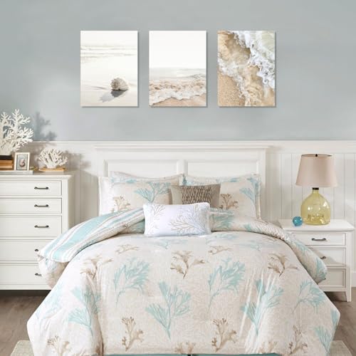 NymphFable Dazzlewall 3PCS Neutral Beach Wall Decor Poster Sea Conch Ocean Wave Prints, Coastal Wall Poster for Bathroom Living Room Decor 12x16 in Unframed