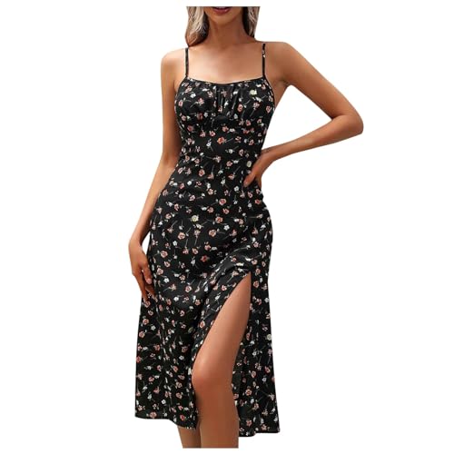 Vestiti Estivi Donna Vestito Primaverile Lungo Estivo Abiti Eleganti Lunghi Abbigliamento Elegante Vestitino Corto Cotone Senza Maniche Corti Abito Midi Viscosa Curvy Leggeri Da Casual Abitino,Nero,M