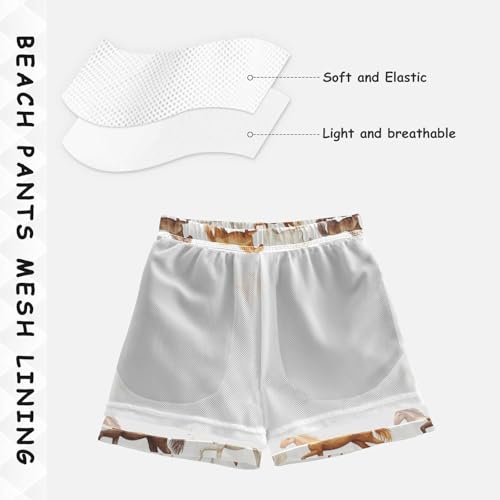 Pigsaly Boys' Swim Board Shorts Watercolor Cute White Black Brown Horses Boy's Swim Trunks Kids Swimwear 2T4