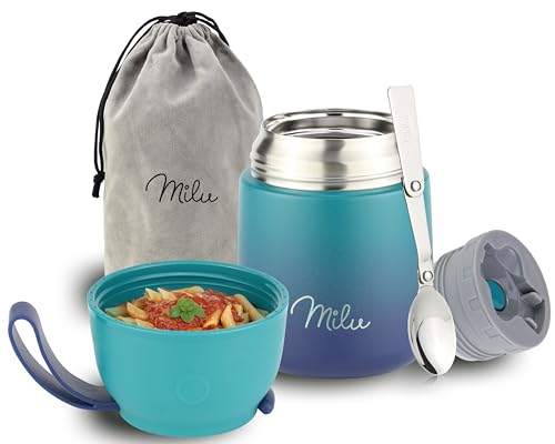 Milu® Thermobehälter für Essen 450ml, Edelstahl, Thermo Lunchbox, Suppenbehälter to go, Thermobox, Thermodose zum Warmhalten Suppen, Babybrei, Speisebehälter, breiwärmer unterwegs, Grün Blau 450ml