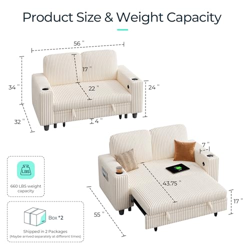 Image of LINSY HOME Loveseat Sofa with Pull Out Couch Chaise: 2-in-1 Convertible 2 Seater Sofa with USB Charging & Cup Holders, Comfy Plush Corduroy Love Seat for Small Spaces Living Room Apartment, Beige