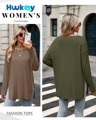 Huukeay 3 Pack Oversized Long Sleeve Shirts for Women Cotton Workout Side Split Gym Crewneck Tops Loose Basic Tee Fall2