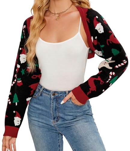Image of Durio Women Y2K Bolero Shrug Long Sleeve Knit Cropped Cardigan | Stretchy Open Front Sweater with Drop Shoulders, Versatile Style Suits Casual Daily Wear, Travel, Party & Festival Outfits